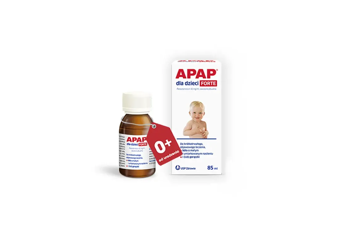 APAP dla dzieci Forte zawiera paracetamol 40 mg/ml, można stosować od urodzenia, smak pomarańczowy, pojemność 85 ml i 150 ml