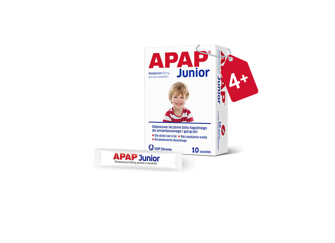 APAP junior na gorączkę i ból od 4 lat, 250 mg paracetamolu, granulki bez popijania, smak truskawkowo-waniliowy, 10 sasz.